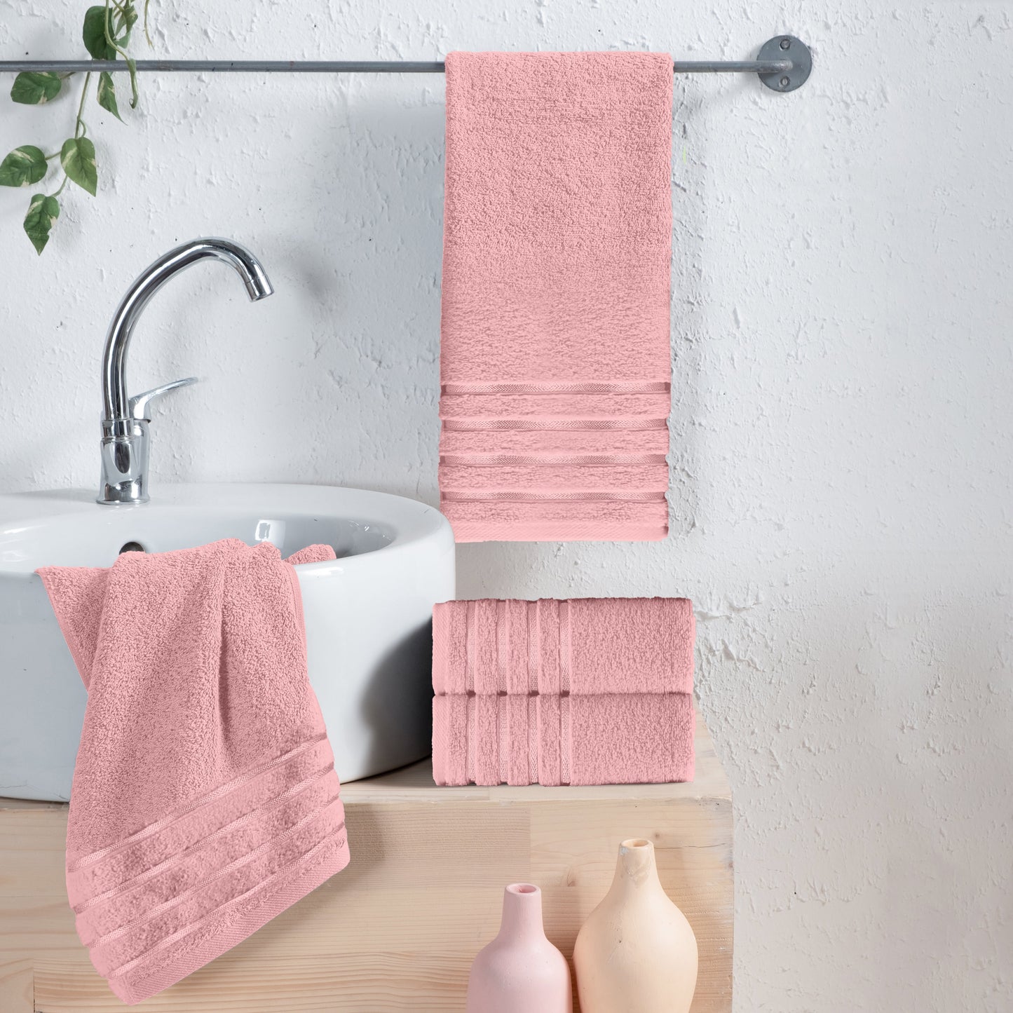 Mocassi 4-Pack Turkish Cotton 4 Lines Stripe Hand Towel Set, 16 x 28 inch