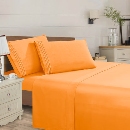 Mocassi 4 Piece 3 Line Embroidered Egyptian Quality Super Soft Wrinkle Resistant 1500 Series Sheet Set (Dark Colors)