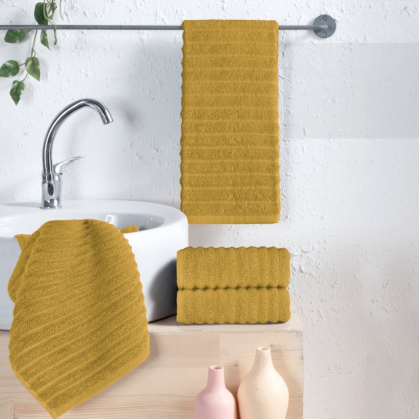 Mocassi 4-Pack Premium Turkish Cotton Corduroy Stripe Hand Towel Set, 16 x 28 inch