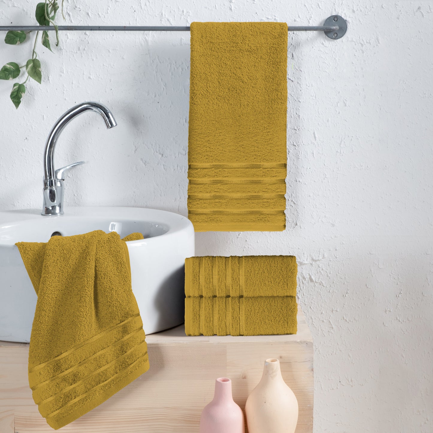 Mocassi 4-Pack Turkish Cotton 4 Lines Stripe Hand Towel Set, 16 x 28 inch