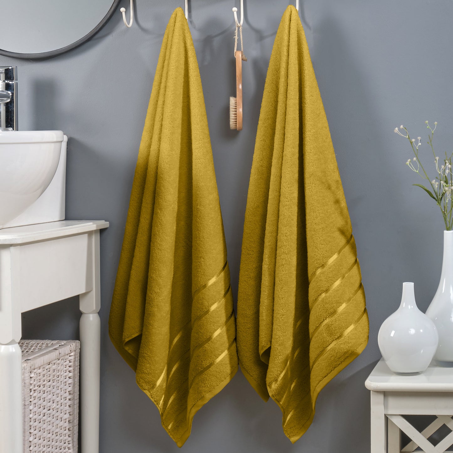 Mocassi 2-Pack Premium Turkish Cotton 4 Lines Stripe Bath Towel Set, 27 x 54 inch