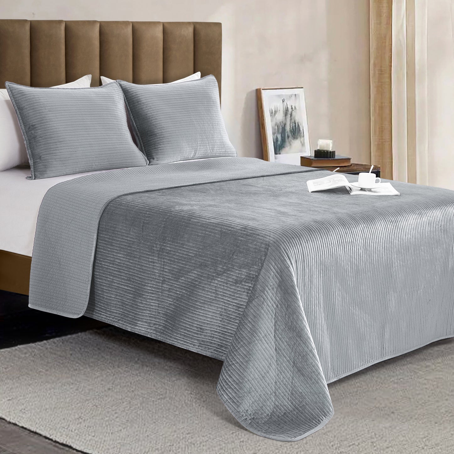 Mocassi 3-Piece Velvet Corduroy Stripe Quilted Bedspread Coverlet Set