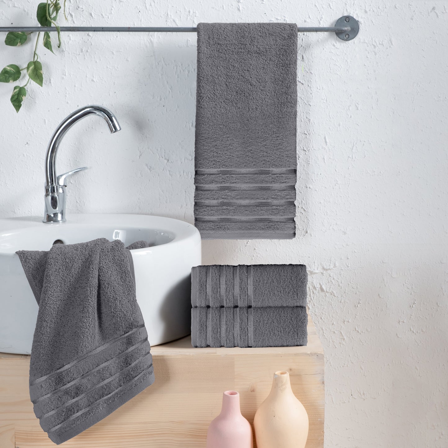 Mocassi 4-Pack Turkish Cotton 4 Lines Stripe Hand Towel Set, 16 x 28 inch