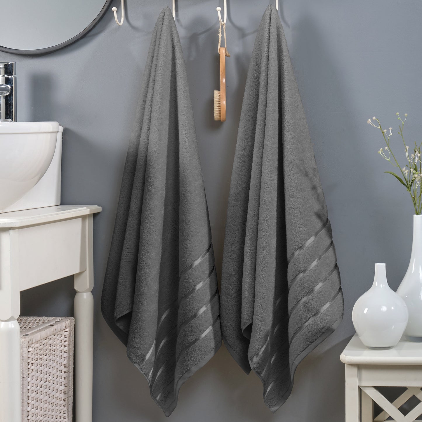 Mocassi 2-Pack Premium Turkish Cotton 4 Lines Stripe Bath Towel Set, 27 x 54 inch