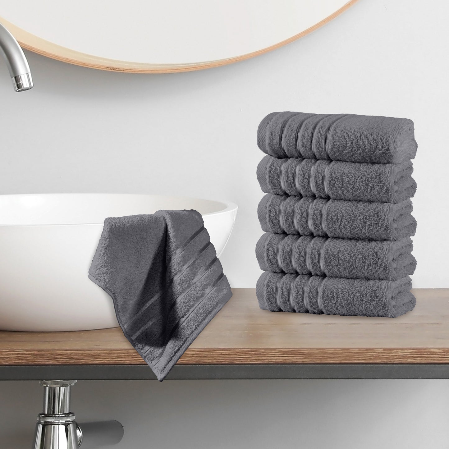 Mocassi 6-Pack Premium Turkish Cotton 4 Lines Stripe Washcloths Set, 13 x 13 inch