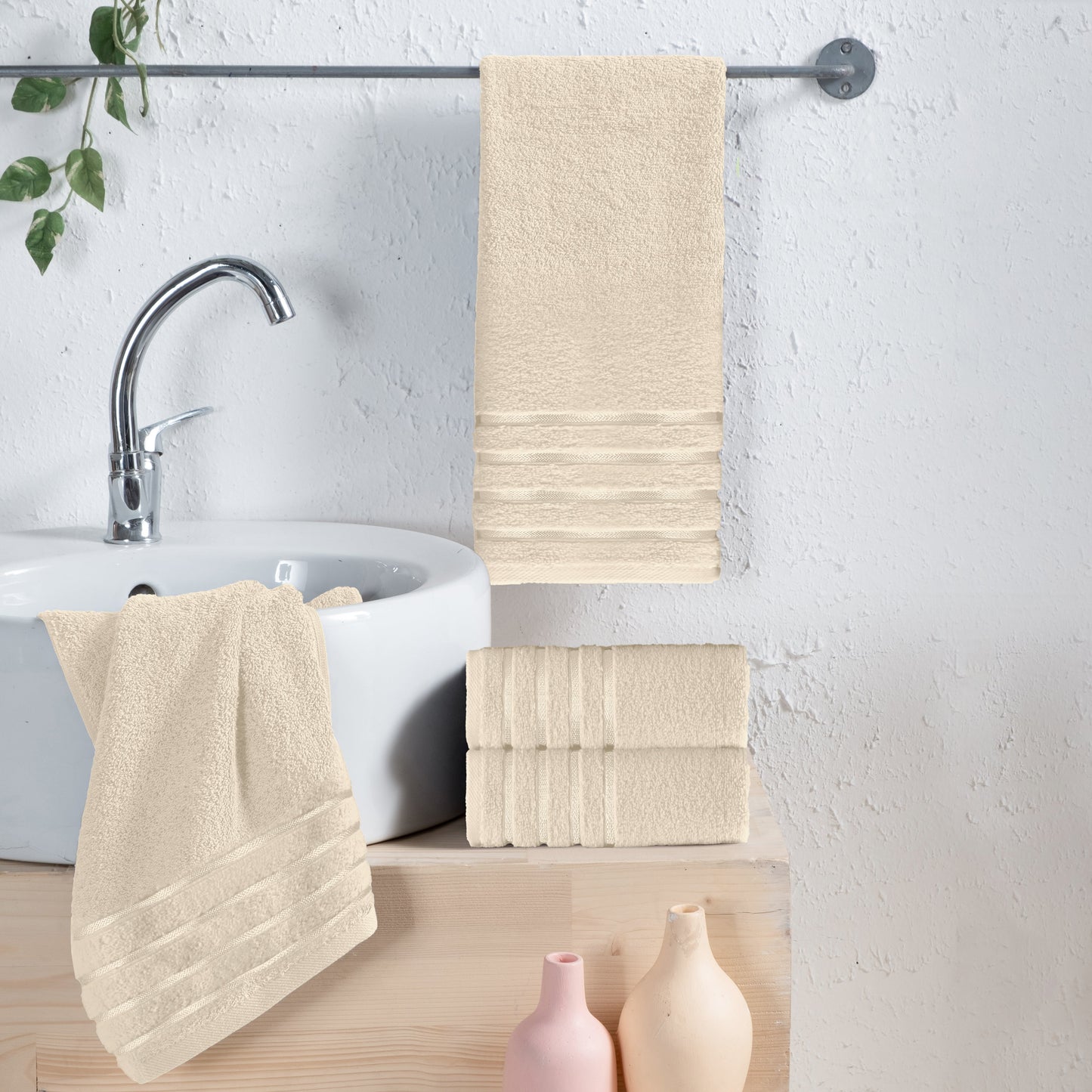 Mocassi 4-Pack Turkish Cotton 4 Lines Stripe Hand Towel Set, 16 x 28 inch