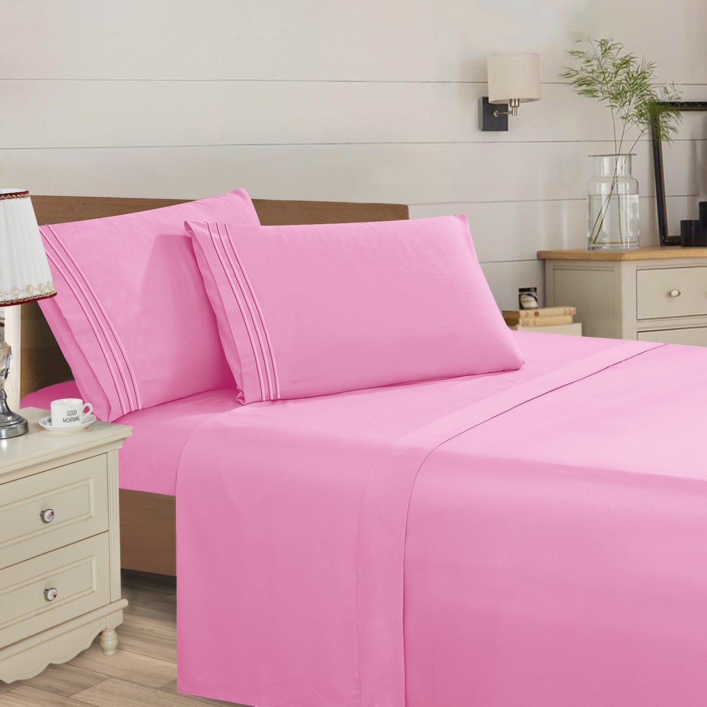 Mocassi 4 Piece 3 Line Embroidered Egyptian Quality Super Soft Wrinkle Resistant 1500 Series Sheet Set (Dark Colors)
