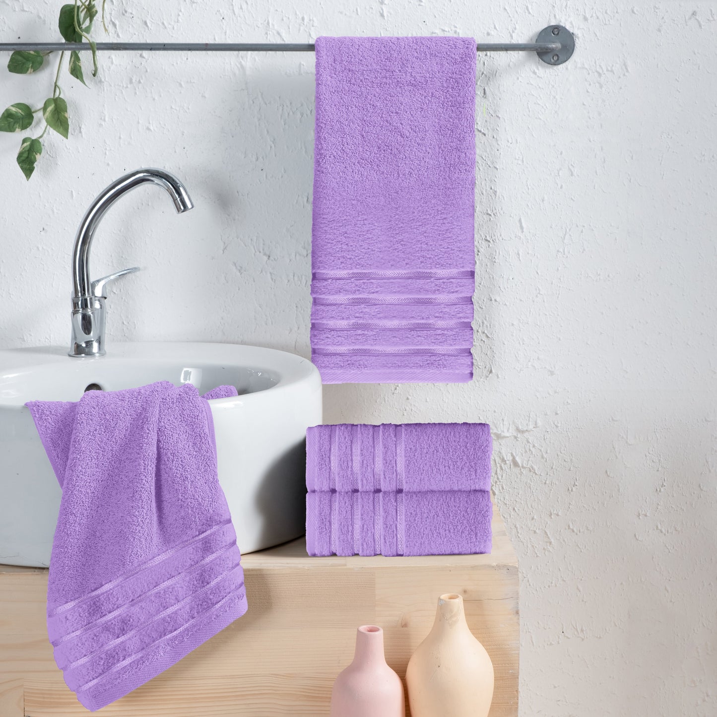 Mocassi 4-Pack Turkish Cotton 4 Lines Stripe Hand Towel Set, 16 x 28 inch