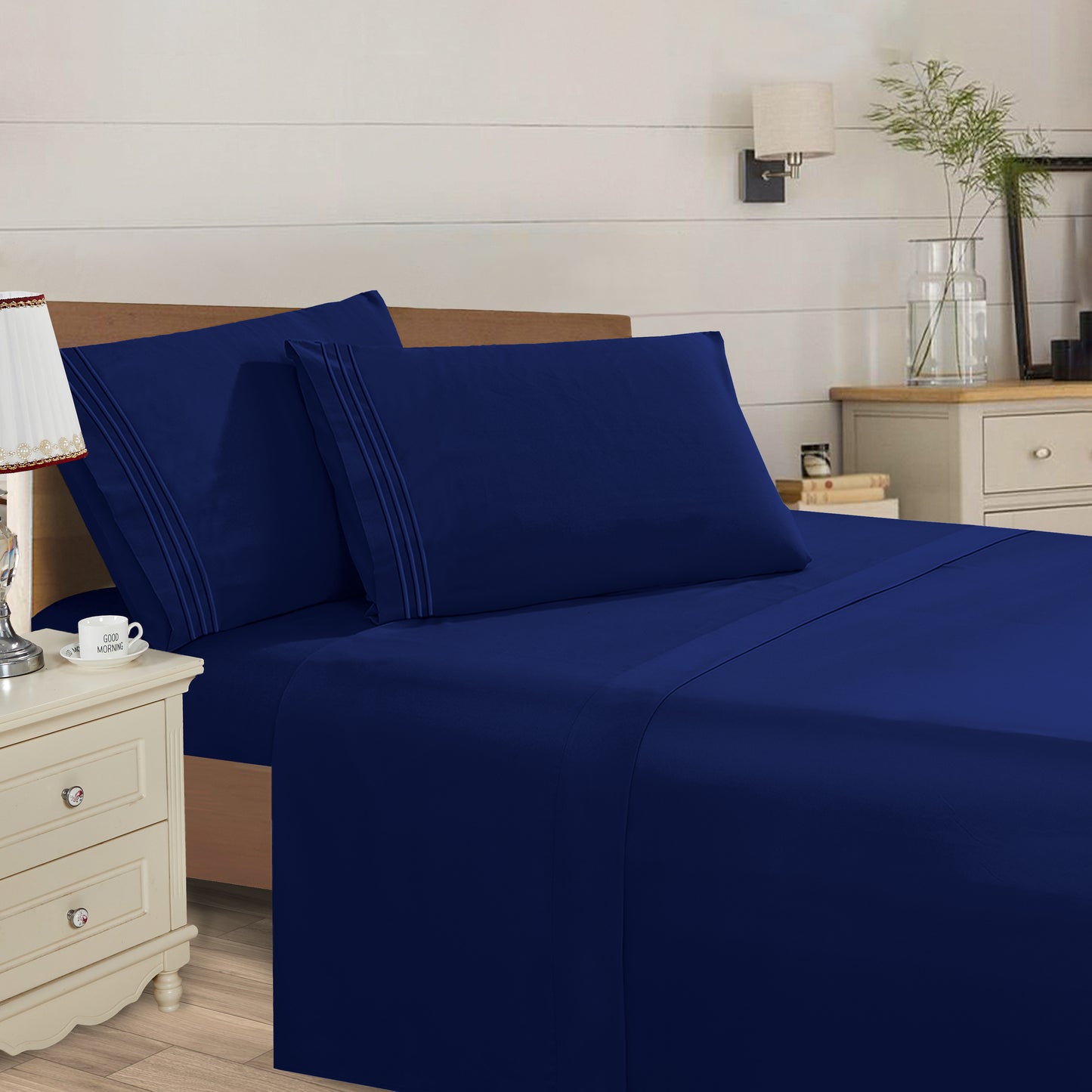 Mocassi 4 Piece 3 Line Embroidered Egyptian Quality Super Soft Wrinkle Resistant 1500 Series Sheet Set (Dark Colors)