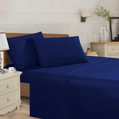 Mocassi 4 Piece 3 Line Embroidered Egyptian Quality Super Soft Wrinkle Resistant 1500 Series Sheet Set (Dark Colors)