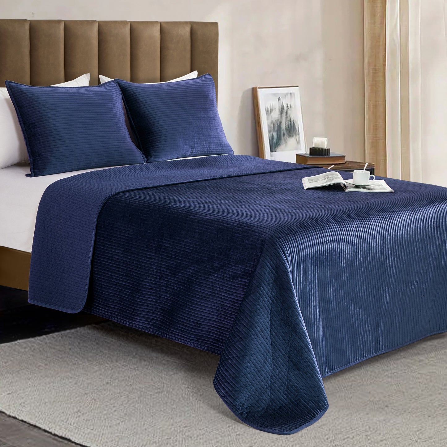 Mocassi 3-Piece Velvet Corduroy Stripe Quilted Bedspread Coverlet Set