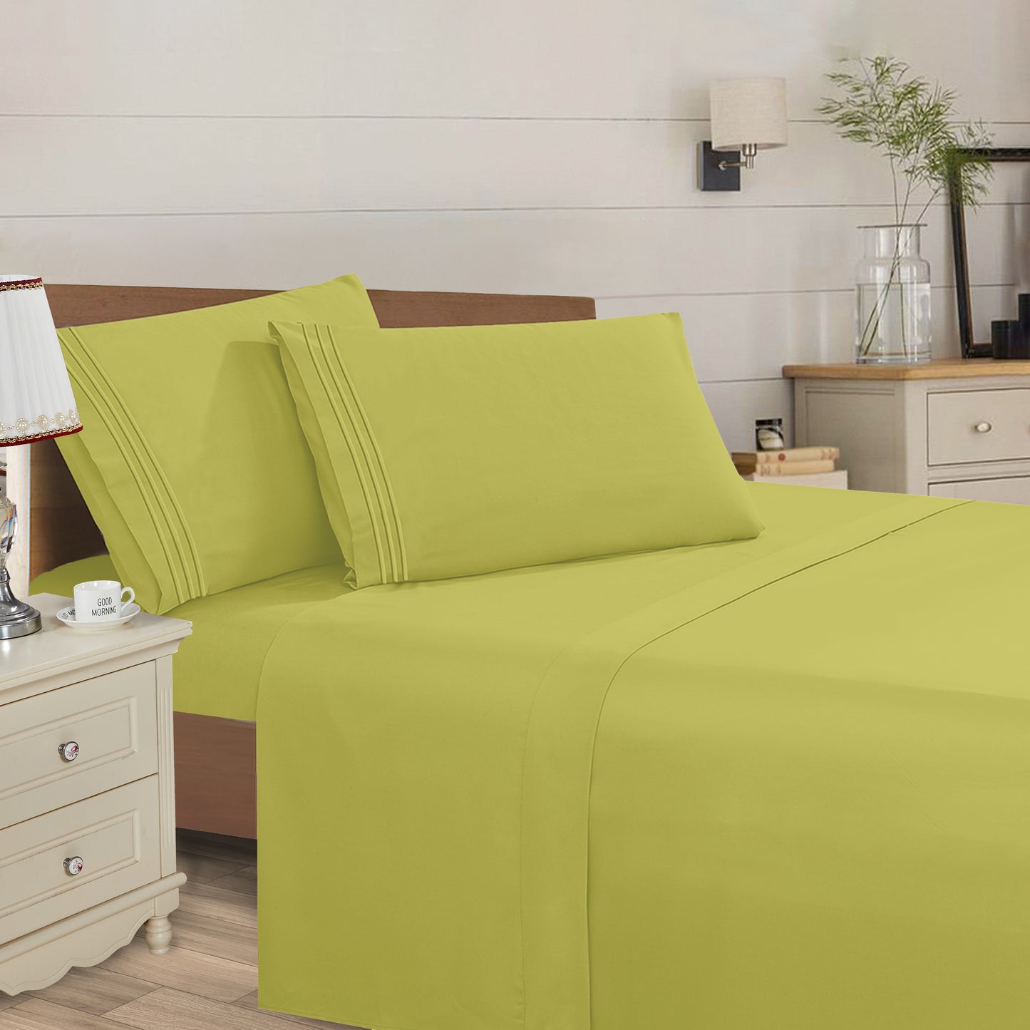 Mocassi 4 Piece 3 Line Embroidered Egyptian Quality Super Soft Wrinkle Resistant 1500 Series Sheet Set (Dark Colors)