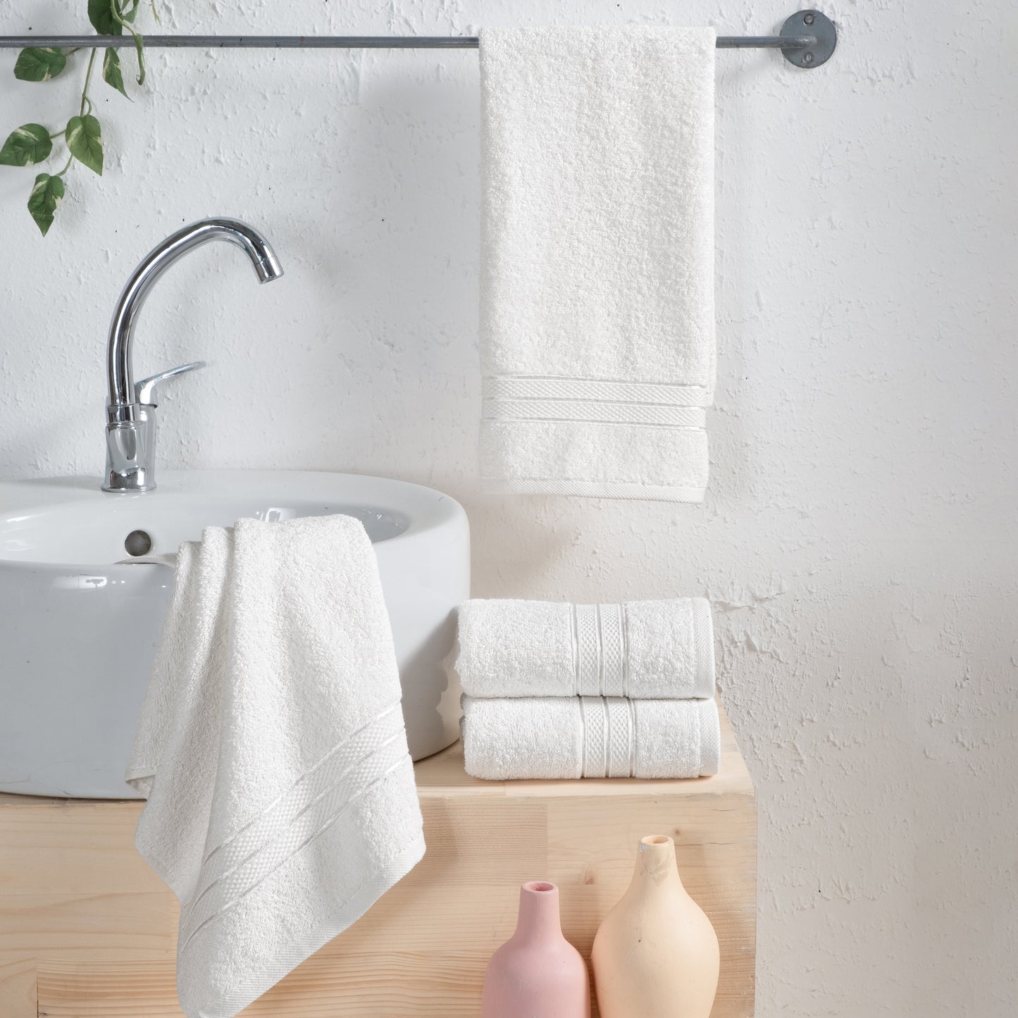 Mocassi 4 Pack Turkish Cotton Three Line Popcorn Hand Towel Set, 16 x 28 inch