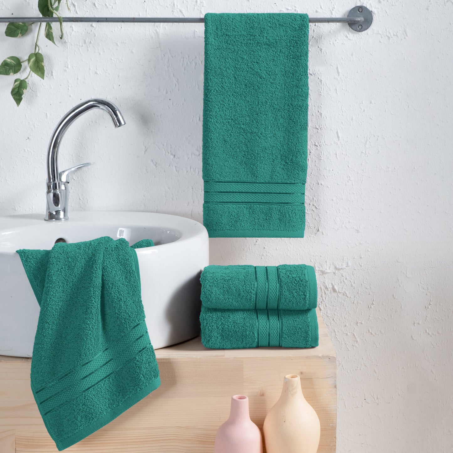 Mocassi 4 Pack Turkish Cotton Three Line Popcorn Hand Towel Set, 16 x 28 inch