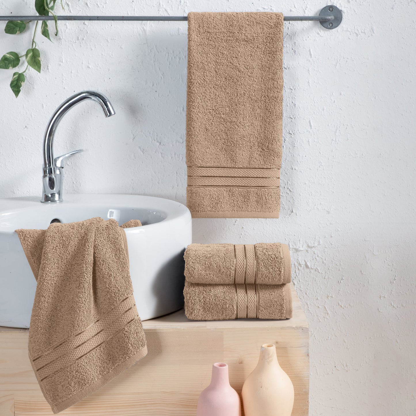 Mocassi 4 Pack Turkish Cotton Three Line Popcorn Hand Towel Set, 16 x 28 inch