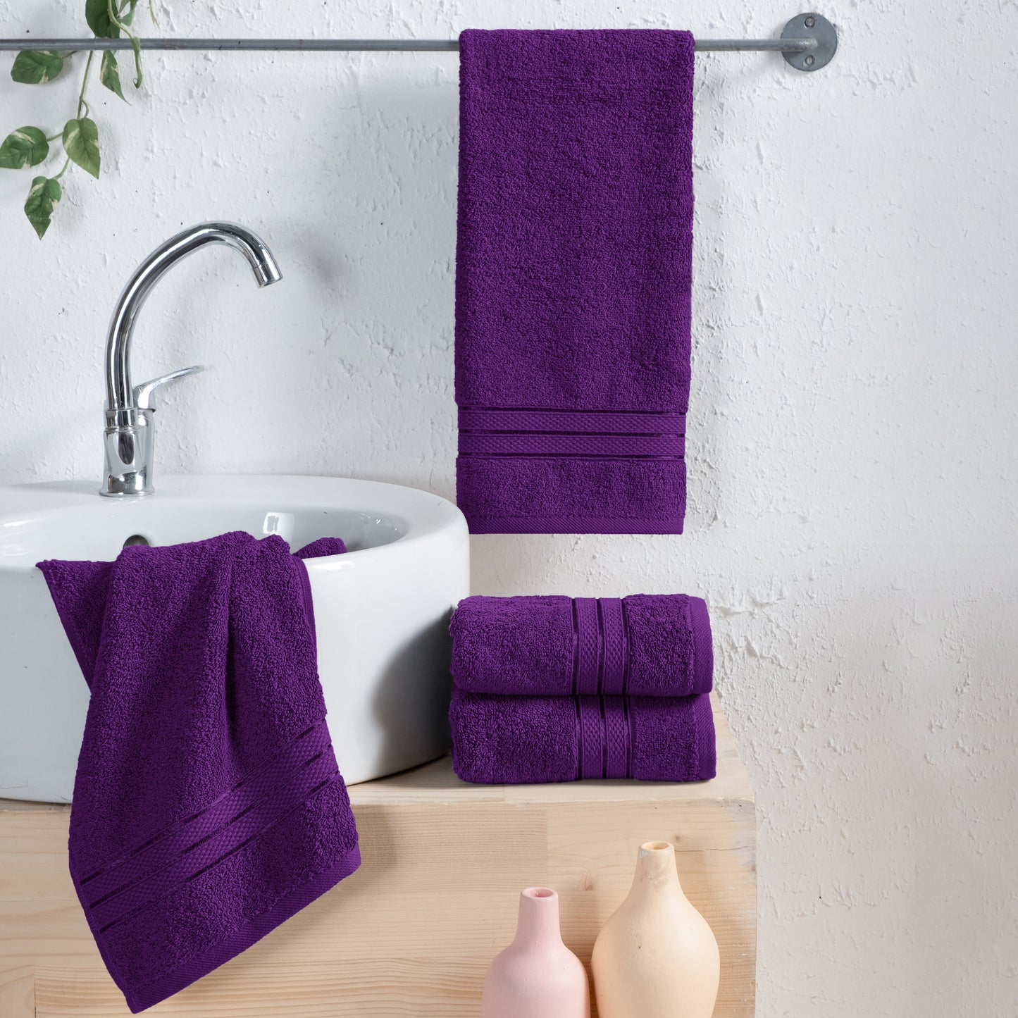 Mocassi 4 Pack Turkish Cotton Three Line Popcorn Hand Towel Set, 16 x 28 inch