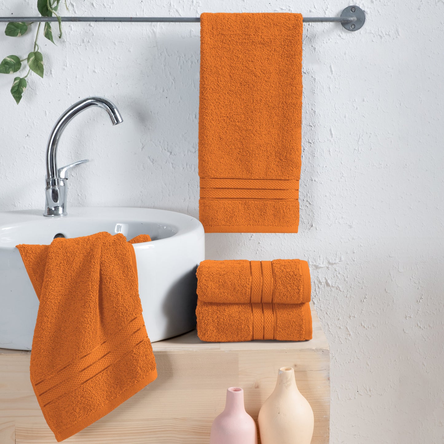 Mocassi 4 Pack Turkish Cotton Three Line Popcorn Hand Towel Set, 16 x 28 inch