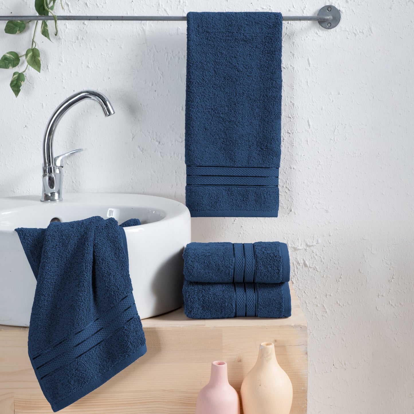 Mocassi 4 Pack Turkish Cotton Three Line Popcorn Hand Towel Set, 16 x 28 inch