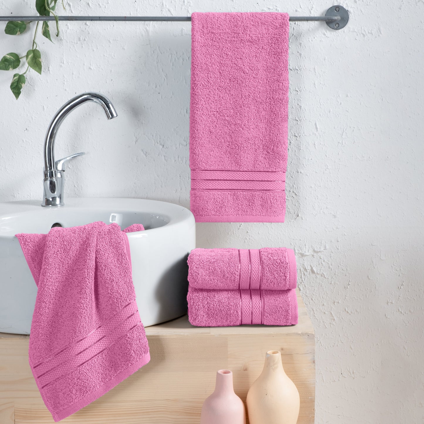 Mocassi 4 Pack Turkish Cotton Three Line Popcorn Hand Towel Set, 16 x 28 inch