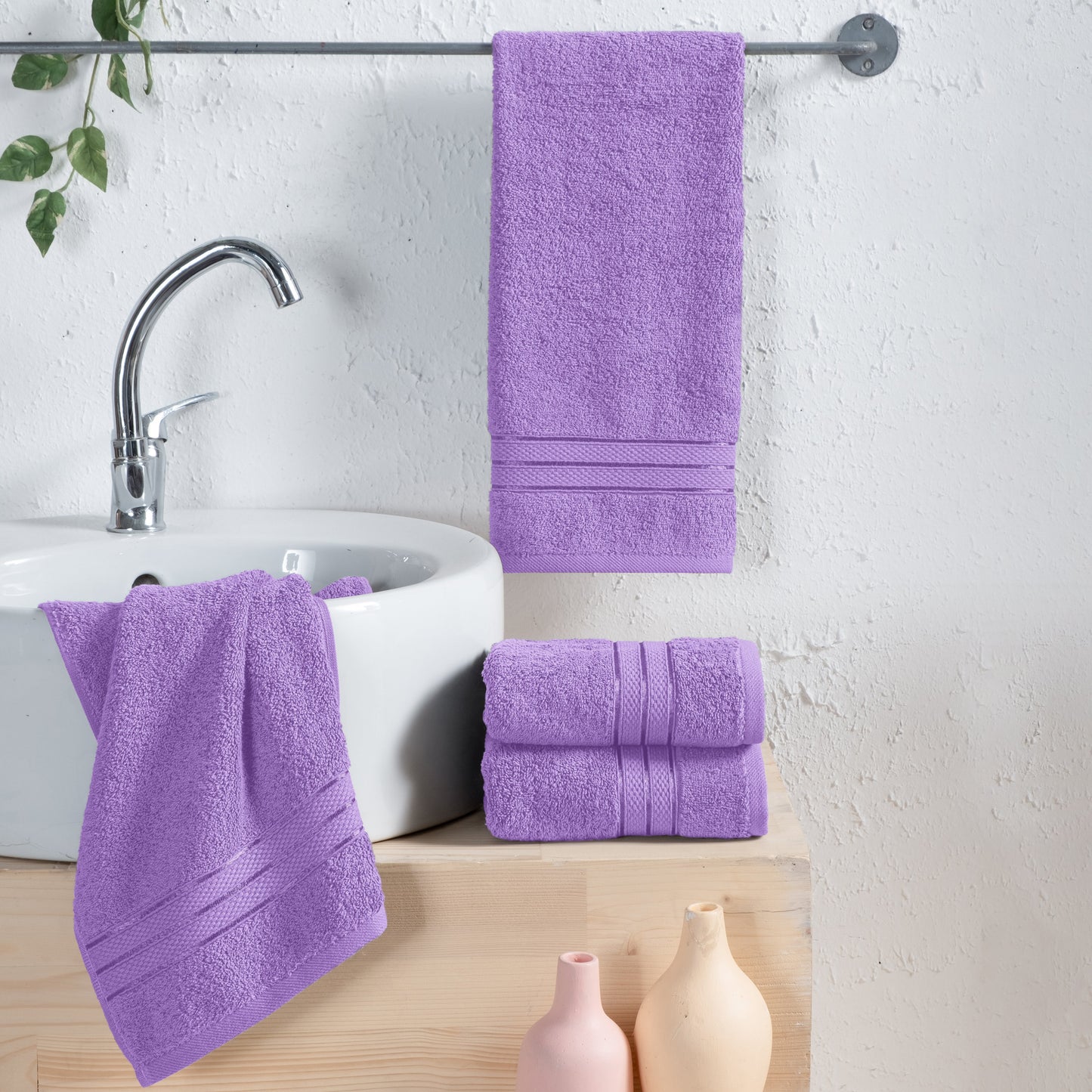 Mocassi 4 Pack Turkish Cotton Three Line Popcorn Hand Towel Set, 16 x 28 inch