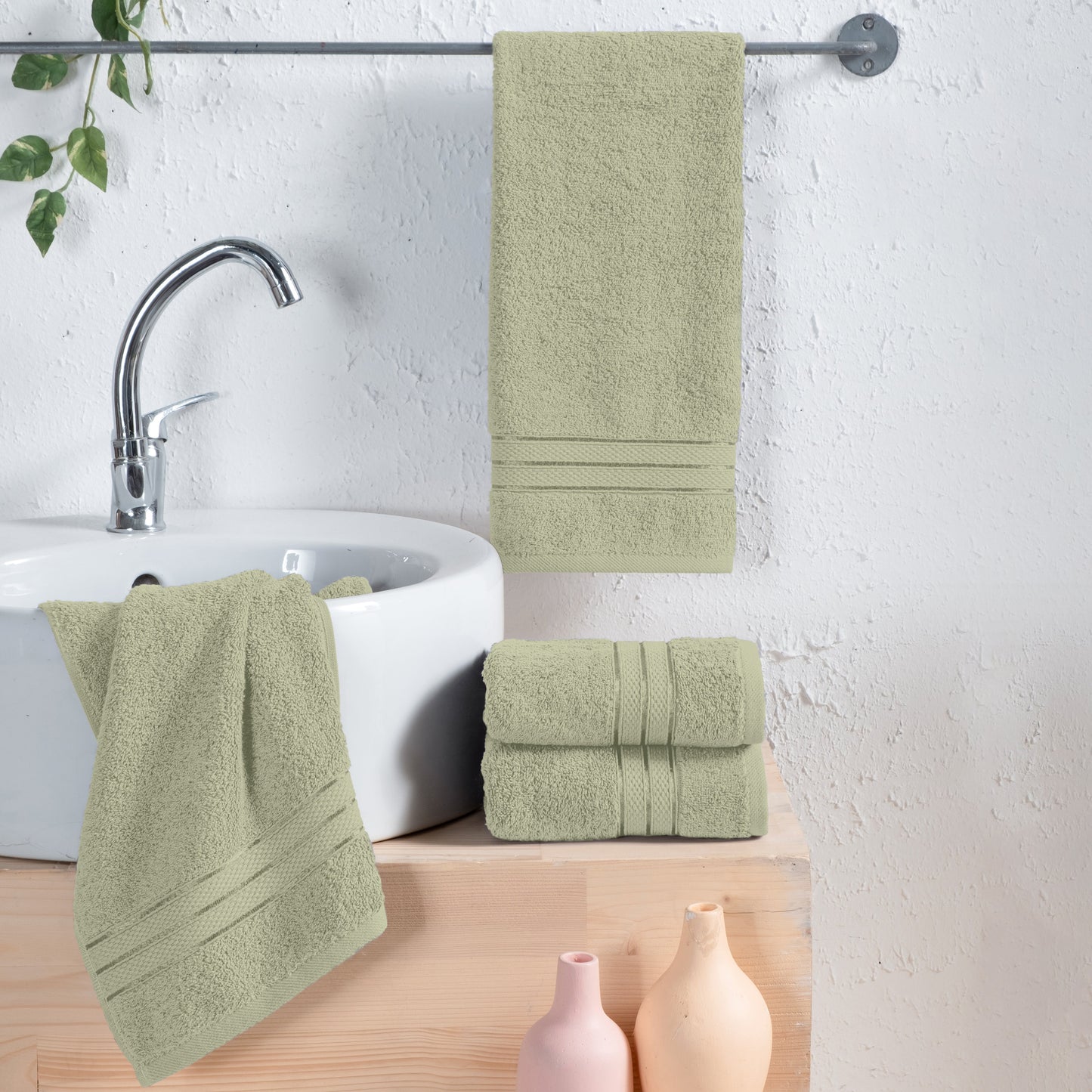 Mocassi 4 Pack Turkish Cotton Three Line Popcorn Hand Towel Set, 16 x 28 inch