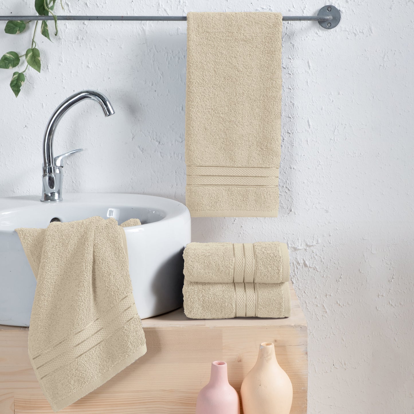 Mocassi 4 Pack Turkish Cotton Three Line Popcorn Hand Towel Set, 16 x 28 inch