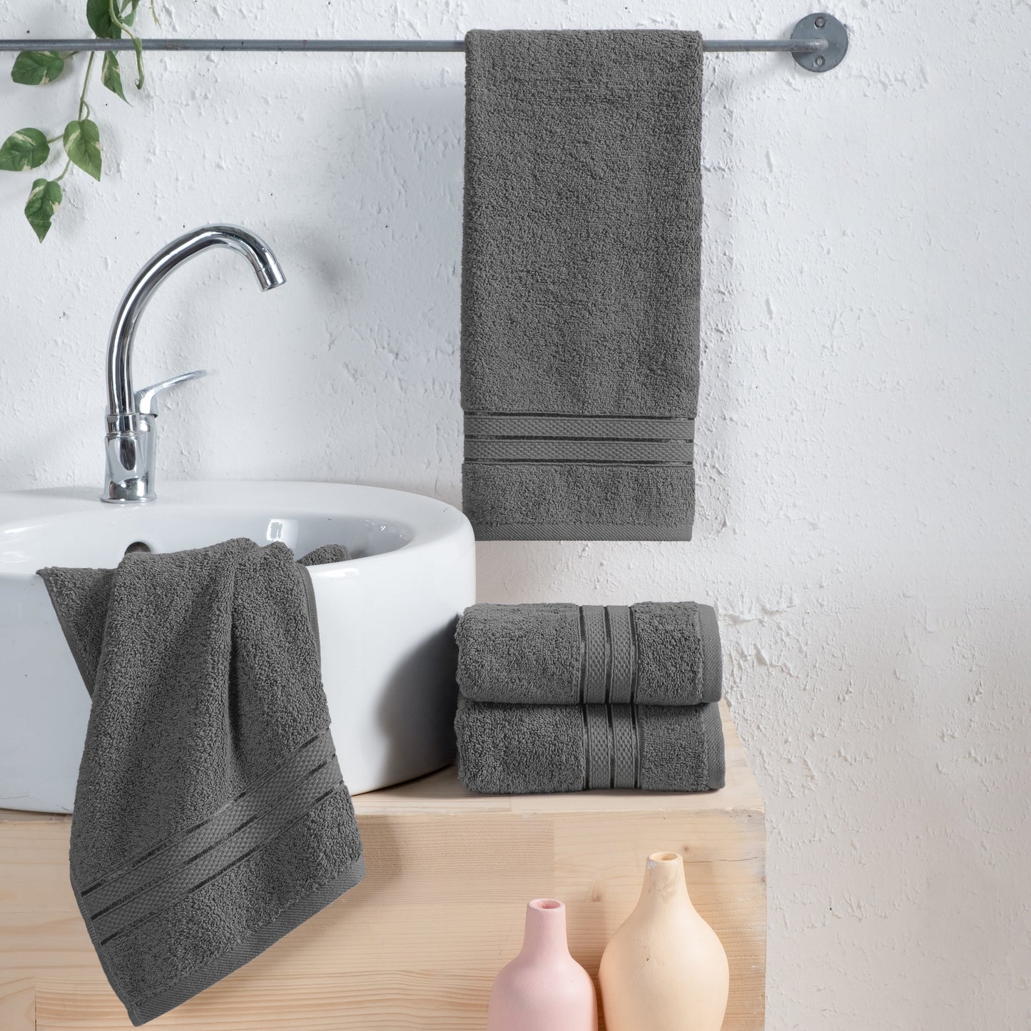 Mocassi 4 Pack Turkish Cotton Three Line Popcorn Hand Towel Set, 16 x 28 inch