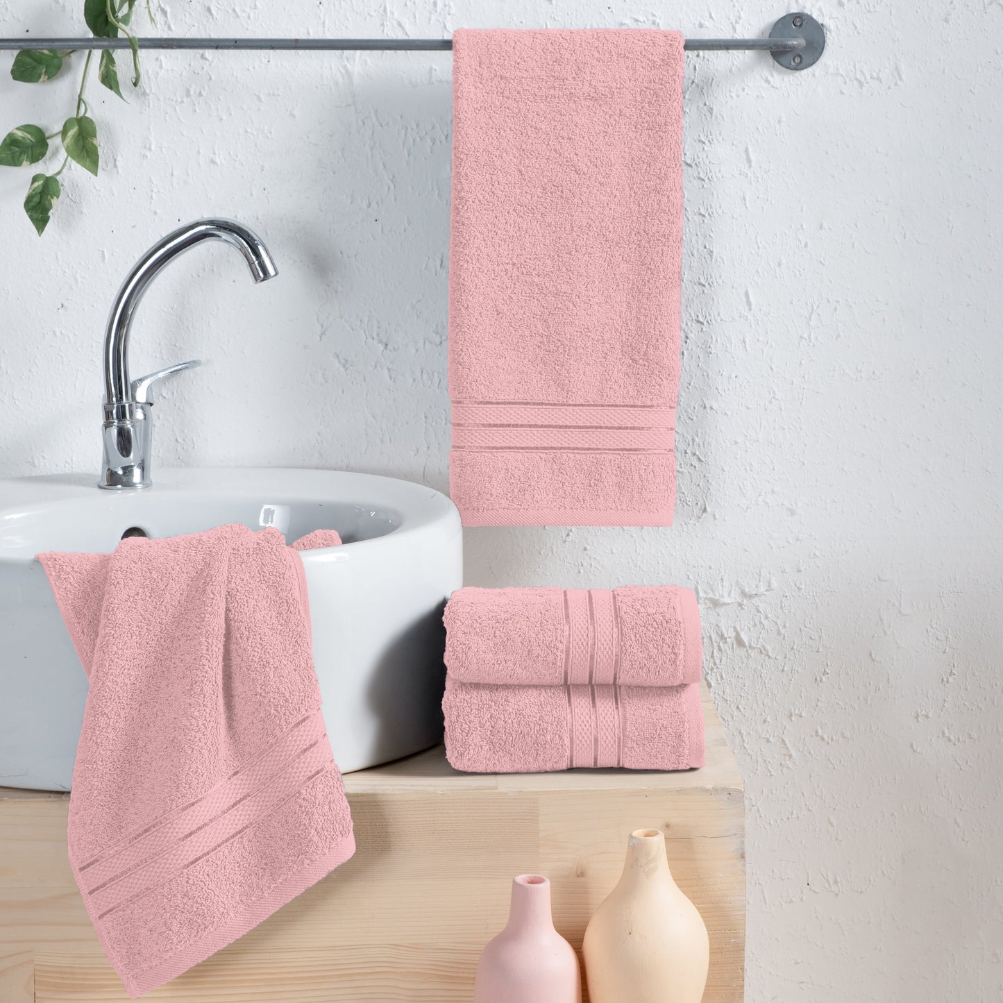 Mocassi 4 Pack Turkish Cotton Three Line Popcorn Hand Towel Set, 16 x 28 inch