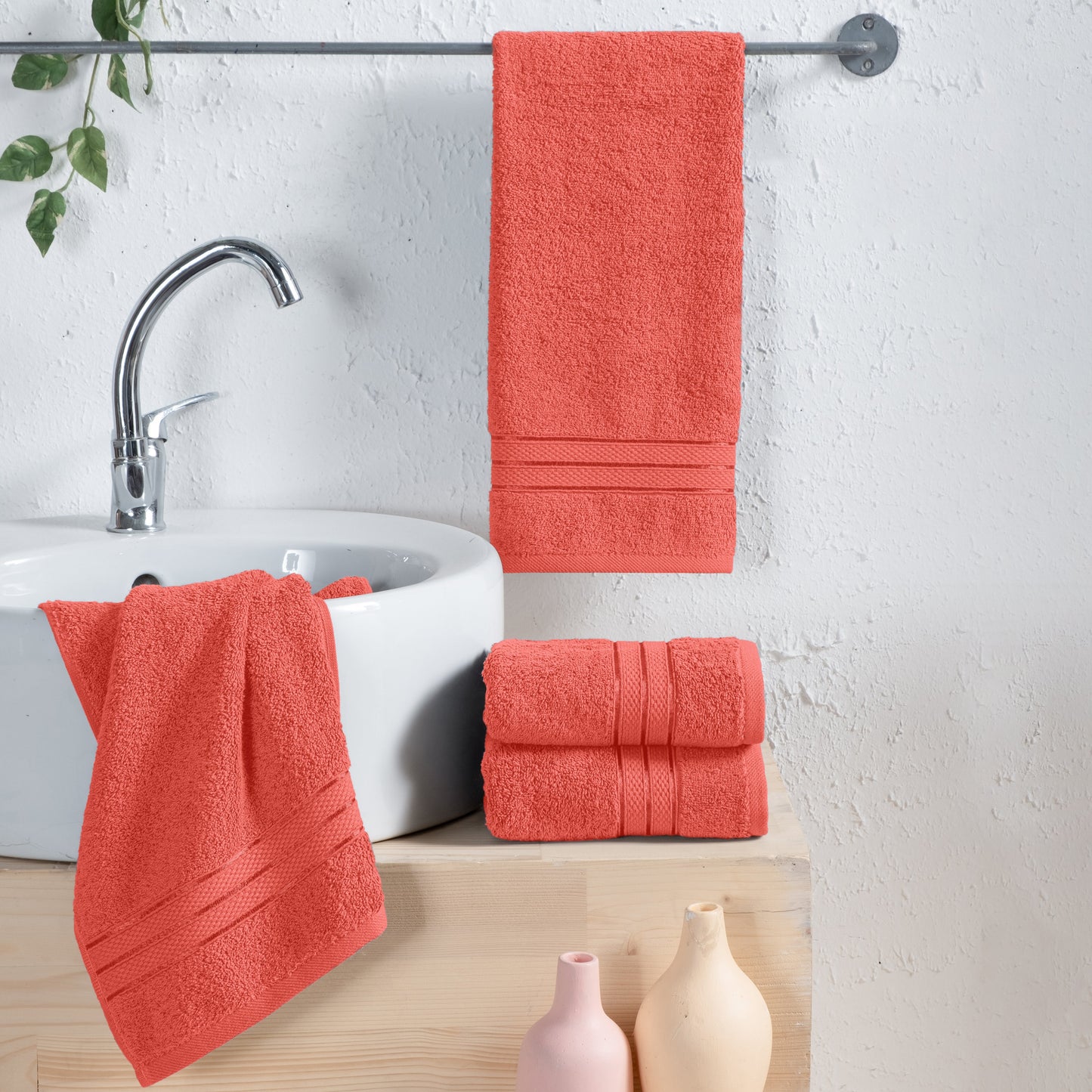 Mocassi 4 Pack Turkish Cotton Three Line Popcorn Hand Towel Set, 16 x 28 inch