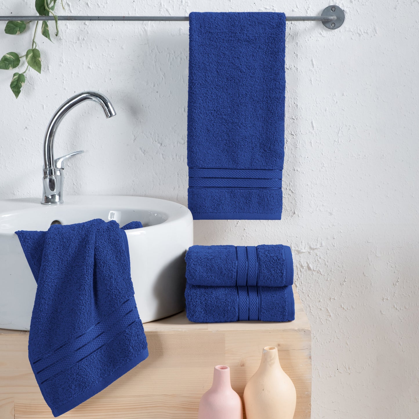 Mocassi 4 Pack Turkish Cotton Three Line Popcorn Hand Towel Set, 16 x 28 inch