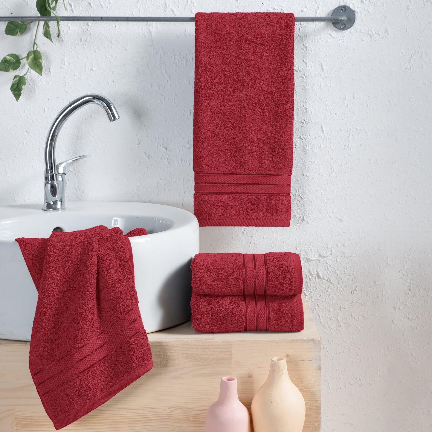 Mocassi 4 Pack Turkish Cotton Three Line Popcorn Hand Towel Set, 16 x 28 inch