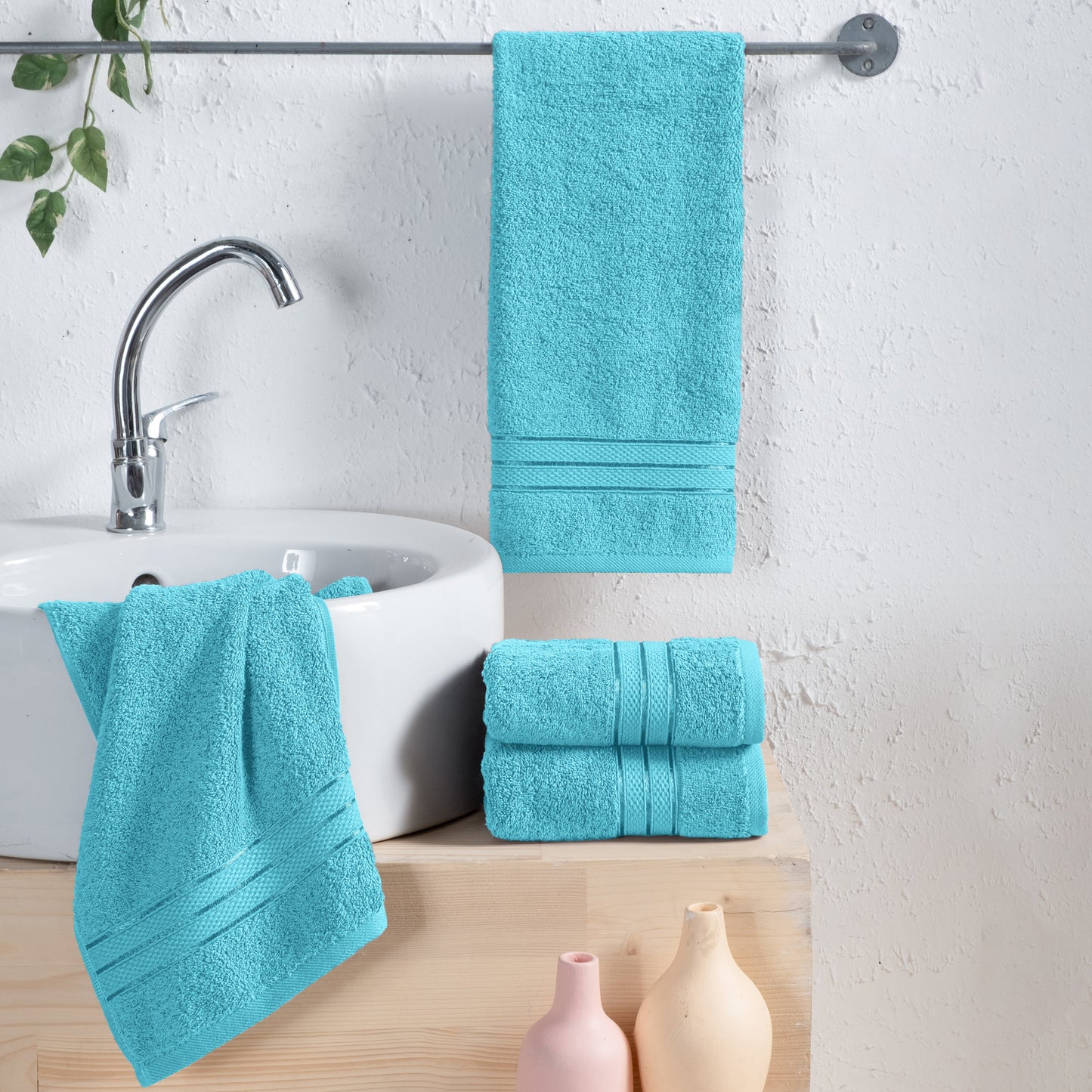 Mocassi 4 Pack Turkish Cotton Three Line Popcorn Hand Towel Set, 16 x 28 inch