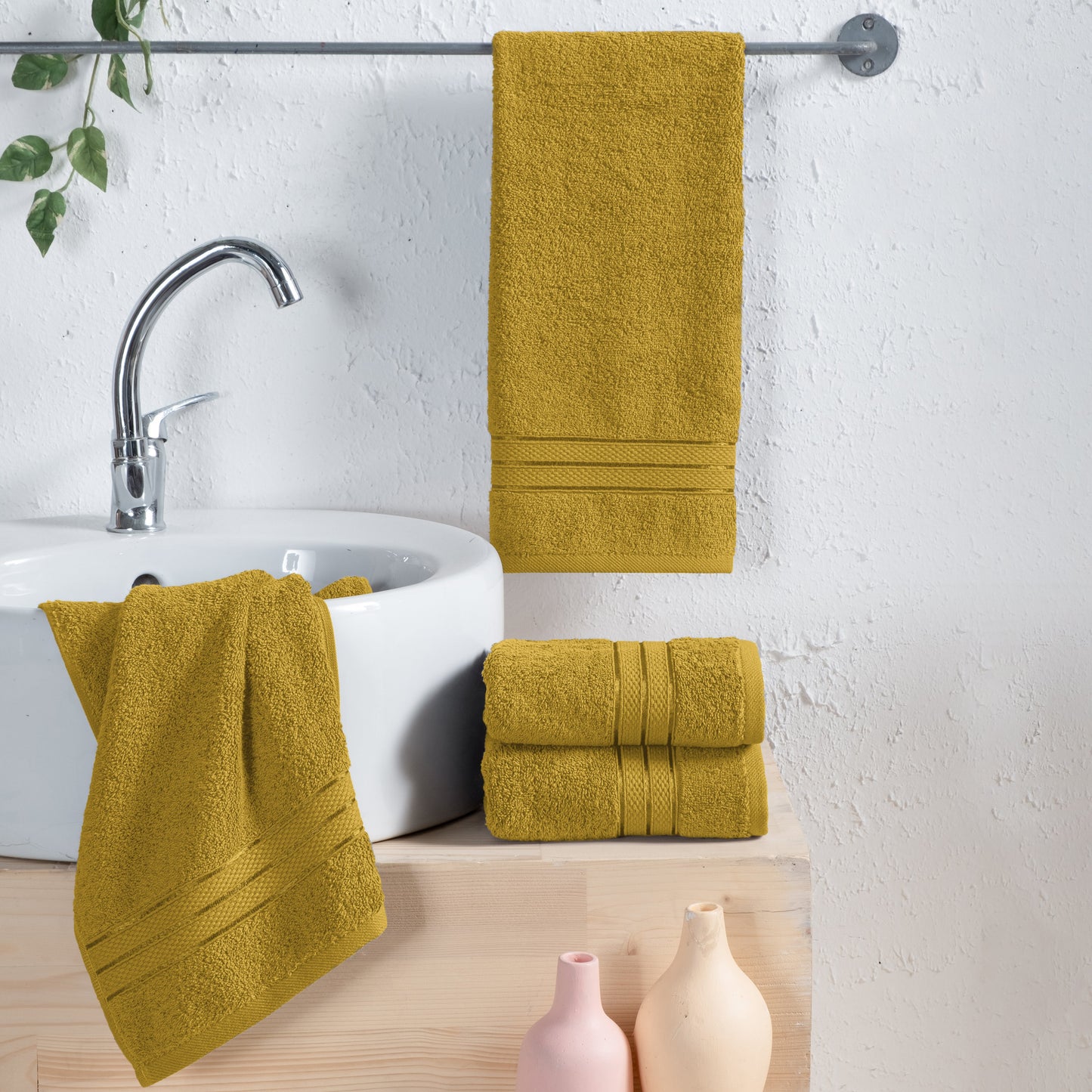 Mocassi 4 Pack Turkish Cotton Three Line Popcorn Hand Towel Set, 16 x 28 inch