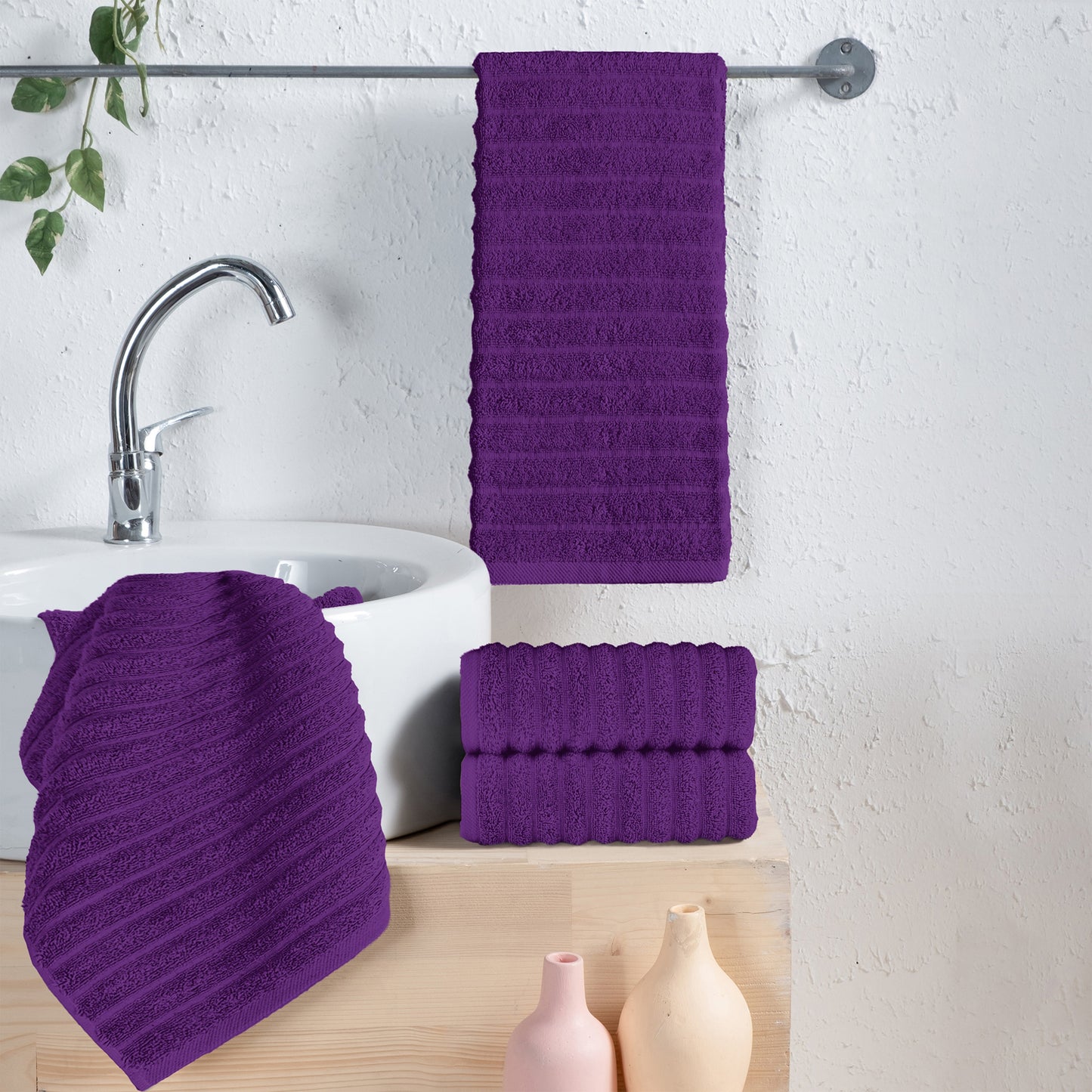 Mocassi 4-Pack Premium Turkish Cotton Corduroy Stripe Hand Towel Set, 16 x 28 inch