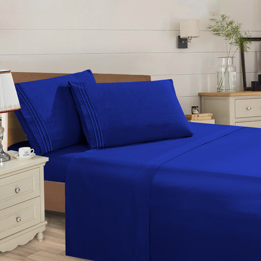 Mocassi 4 Piece 3 Line Embroidered Egyptian Quality Super Soft Wrinkle Resistant 1500 Series Sheet Set (Dark Colors)