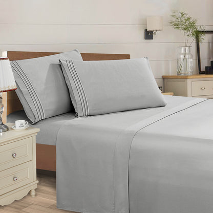 Mocassi 4 Piece 3 Line Embroidered Egyptian Quality Super Soft Wrinkle Resistant 1500 Series Sheet Set (Dark Colors)