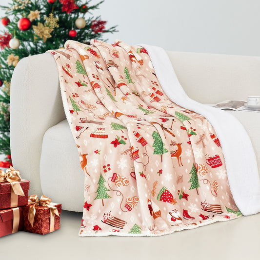 Mocassi Christmas Sherpa Throw with Flannel Fleece - 50 x 60 inches