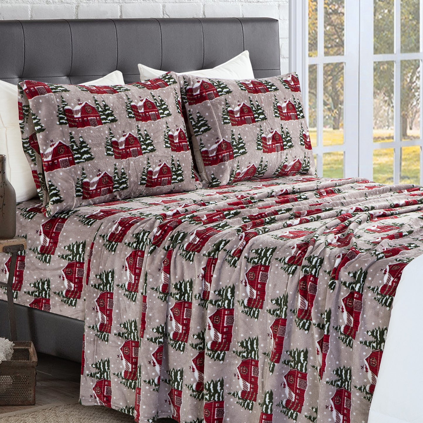 Mocassi 4-Piece Holiday Christmas Velvet Plush Flannel Sheet Set