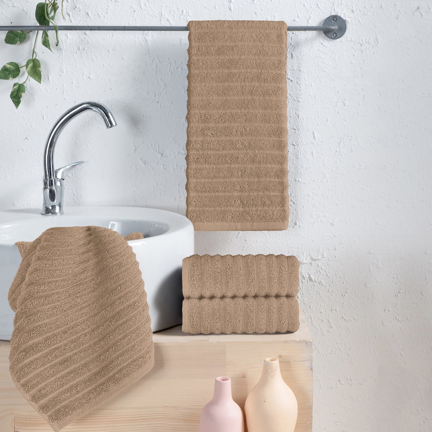 Mocassi 4-Pack Premium Turkish Cotton Corduroy Stripe Hand Towel Set, 16 x 28 inch