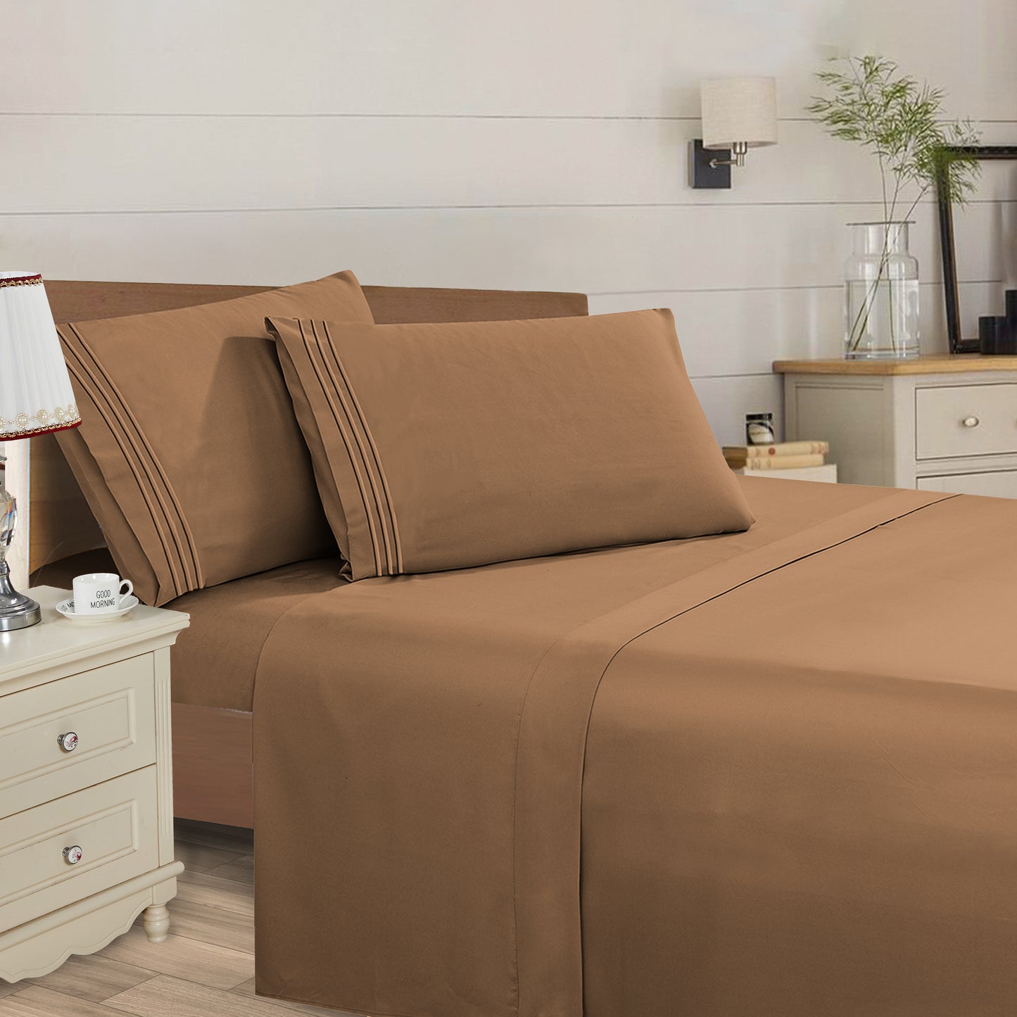 Mocassi 4 Piece 3 Line Embroidered Egyptian Quality Super Soft Wrinkle Resistant 1500 Series Sheet Set (Dark Colors)