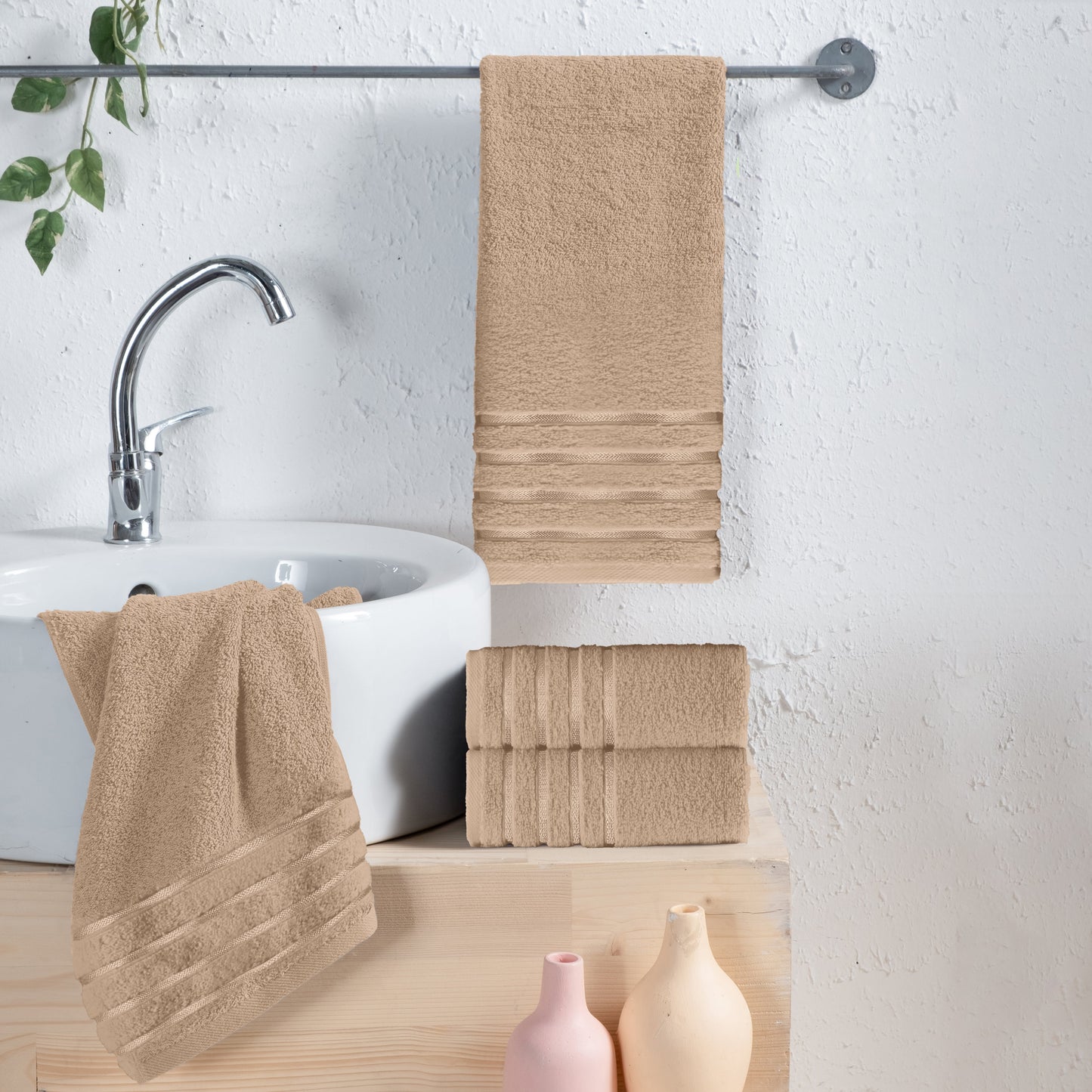 Mocassi 4-Pack Turkish Cotton 4 Lines Stripe Hand Towel Set, 16 x 28 inch