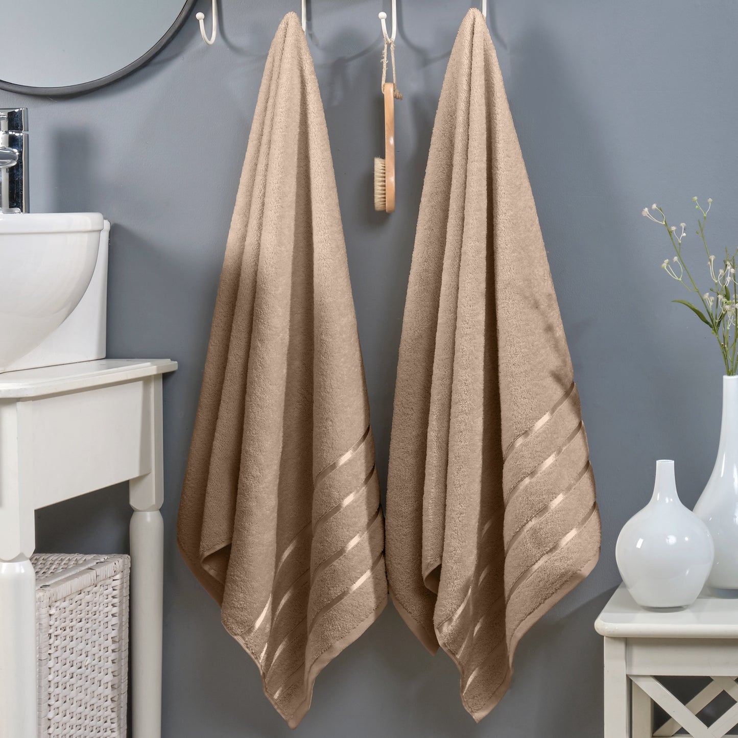 Mocassi 2-Pack Premium Turkish Cotton 4 Lines Stripe Bath Towel Set, 27 x 54 inch