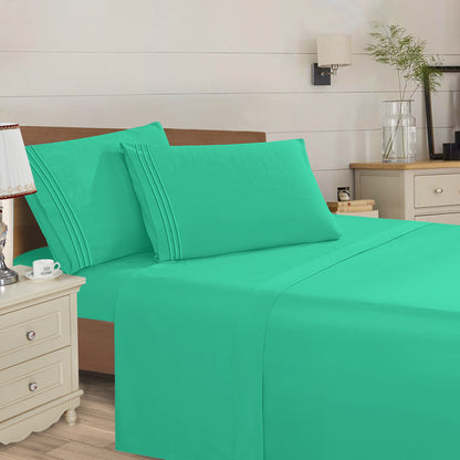 Mocassi 4 Piece 3 Line Embroidered Egyptian Quality Super Soft Wrinkle Resistant 1500 Series Sheet Set (Dark Colors)