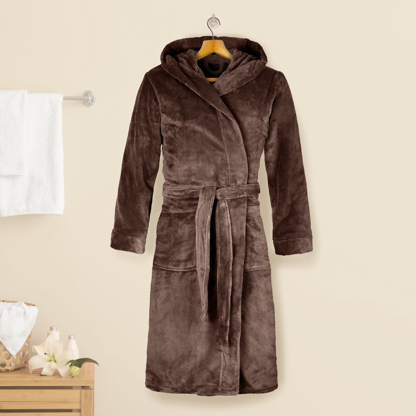 Mocassi Women Hooded Velvet Fleece Long Bathrobe