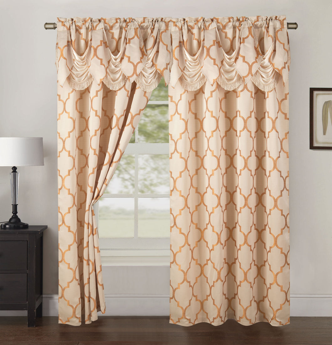 Set of 2 Quatrefoil Jaquard Look Curtain Panels with Pleated Attached Valance, with Rod Pocket, 54